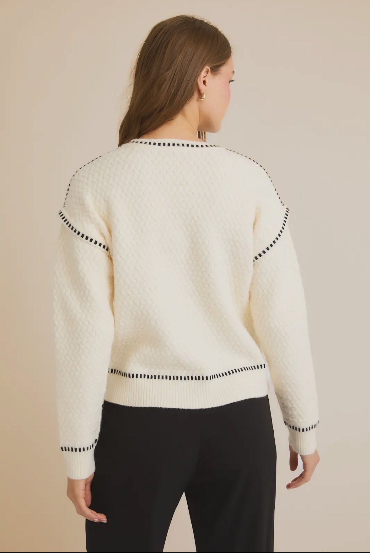 White Sweater with Black Contrast Stitching