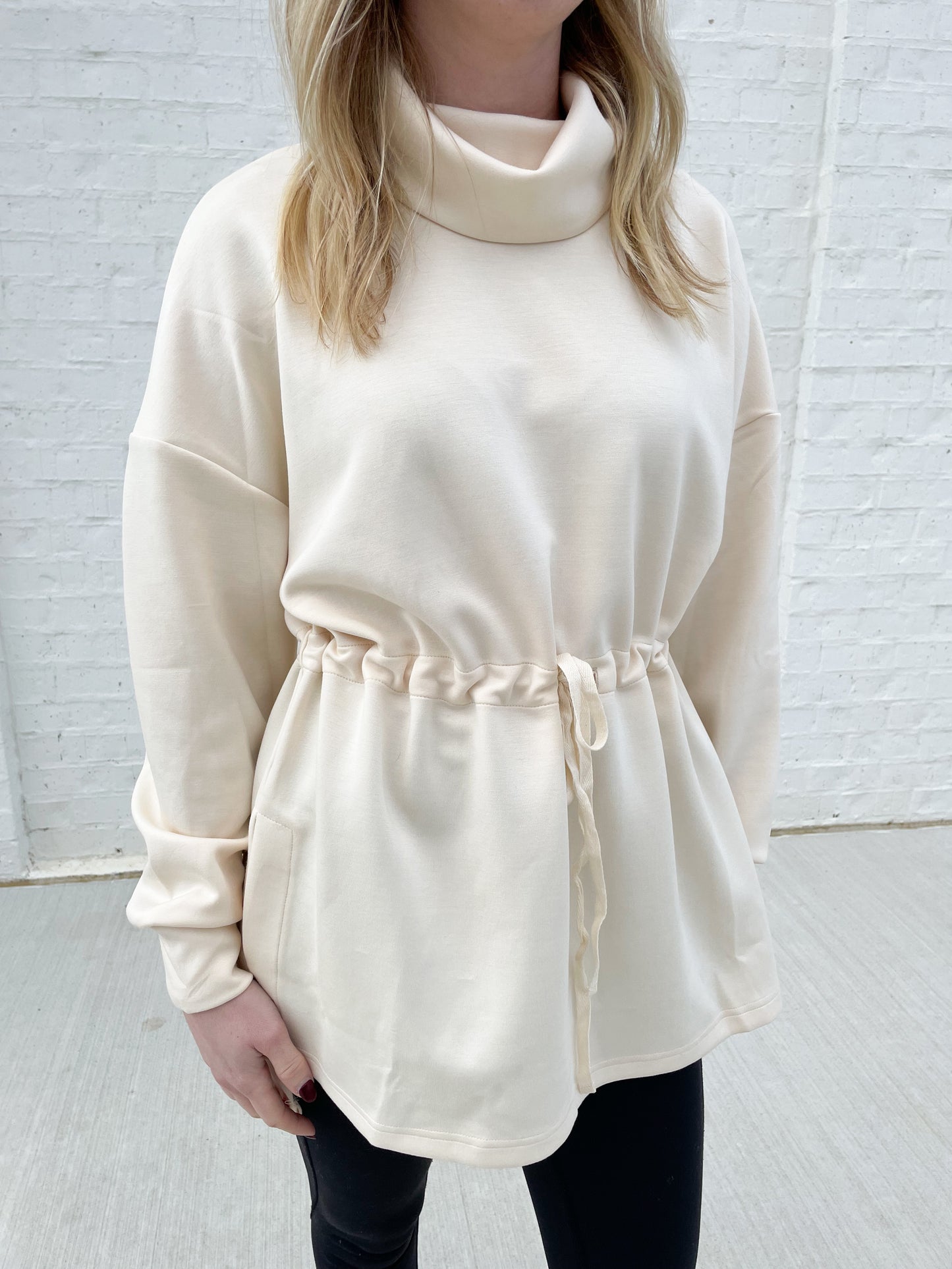 P. Cill Eggshell Butter Mock Neck Top with Adjustable Waist Tie