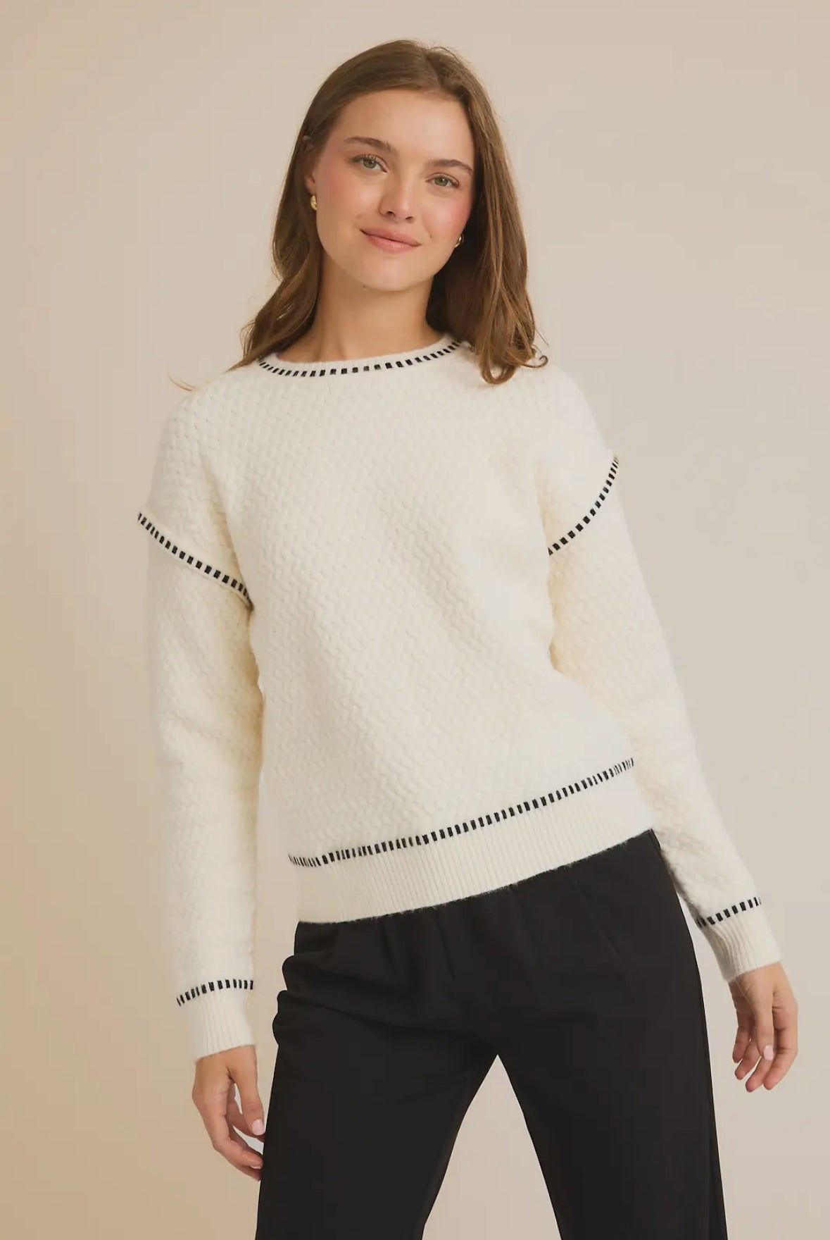 White Sweater with Black Contrast Stitching