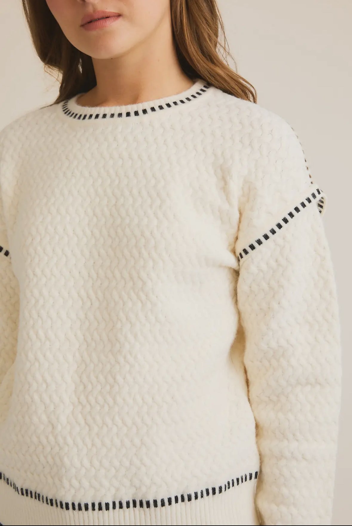 White Sweater with Black Contrast Stitching